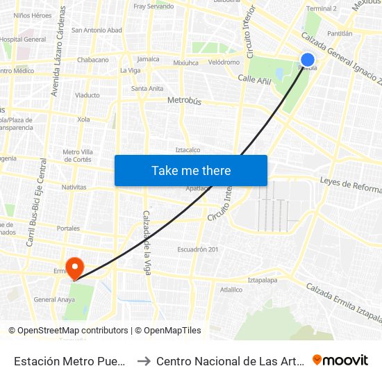 Estación Metro Puebla to Centro Nacional de Las Artes map