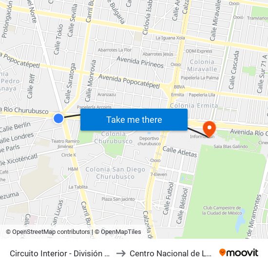 Circuito Interior - División del Norte to Centro Nacional de Las Artes map