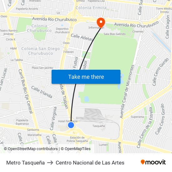 Metro Tasqueña to Centro Nacional de Las Artes map