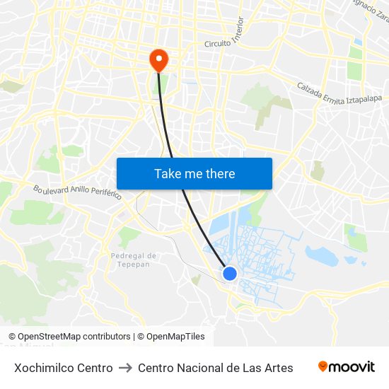 Xochimilco Centro to Centro Nacional de Las Artes map