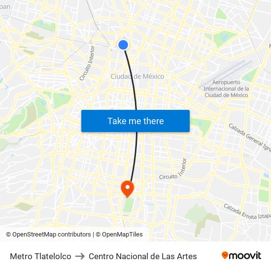 Metro Tlatelolco to Centro Nacional de Las Artes map