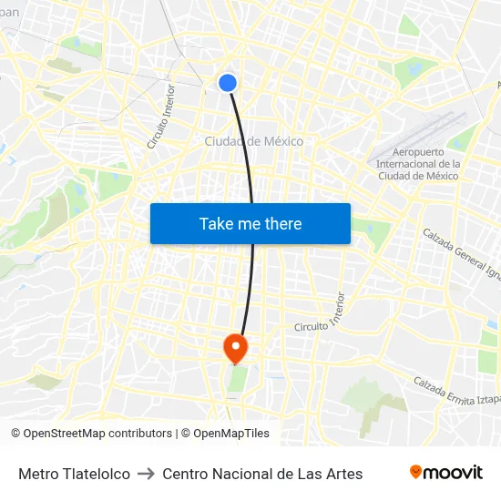 Metro Tlatelolco to Centro Nacional de Las Artes map