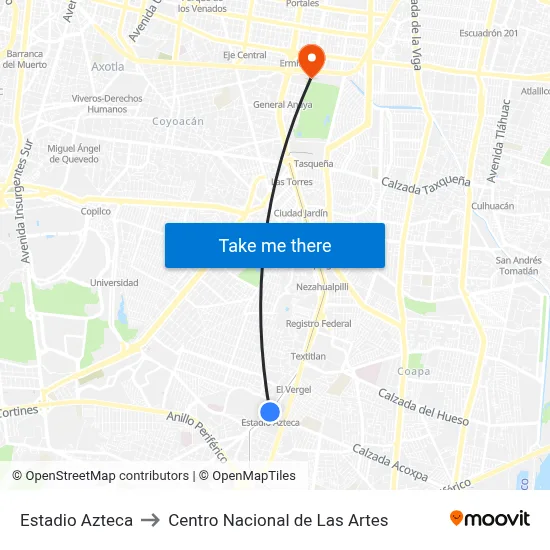 Estadio Azteca to Centro Nacional de Las Artes map