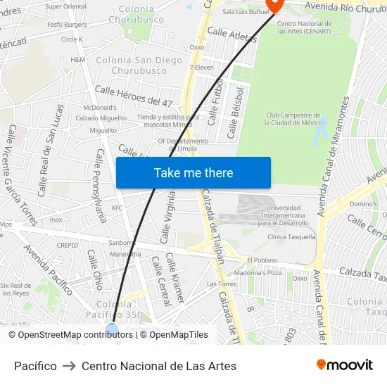 Pacífico to Centro Nacional de Las Artes map