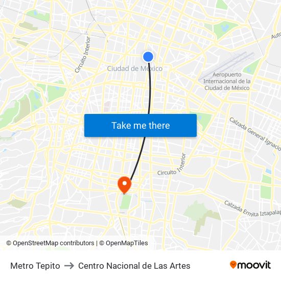 Metro Tepito to Centro Nacional de Las Artes map