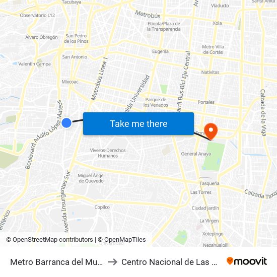 Metro Barranca del Muerto to Centro Nacional de Las Artes map