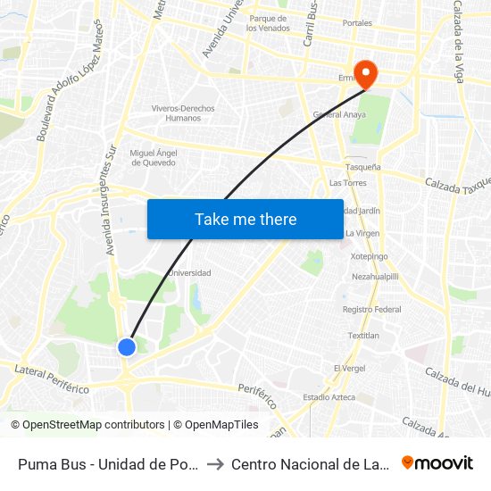 Puma Bus - Unidad de Posgrado to Centro Nacional de Las Artes map