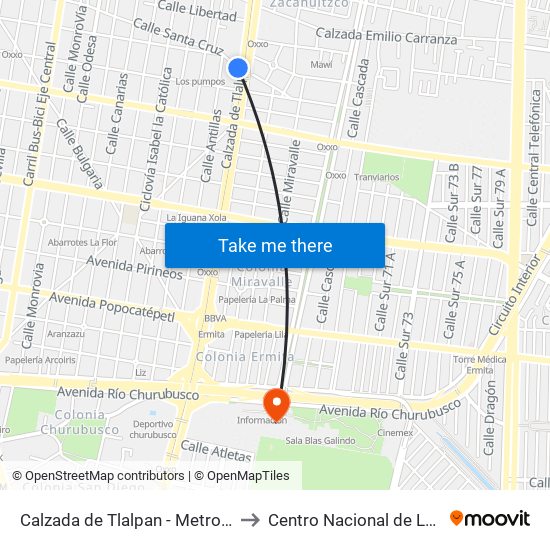 Calzada de Tlalpan - Metro Portales to Centro Nacional de Las Artes map