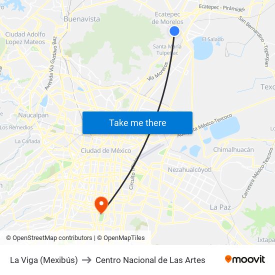 La Viga (Mexibús) to Centro Nacional de Las Artes map