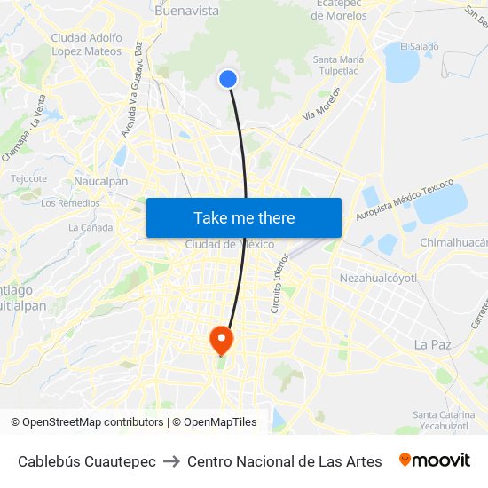 Cablebús Cuautepec to Centro Nacional de Las Artes map
