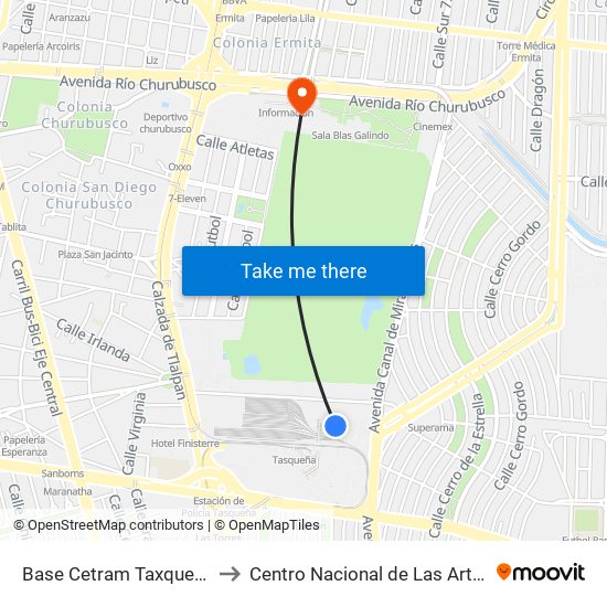 Base Cetram Taxqueña to Centro Nacional de Las Artes map