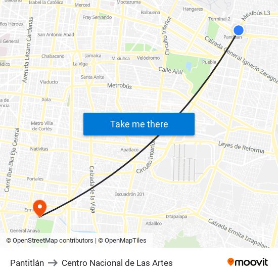 Pantitlán to Centro Nacional de Las Artes map