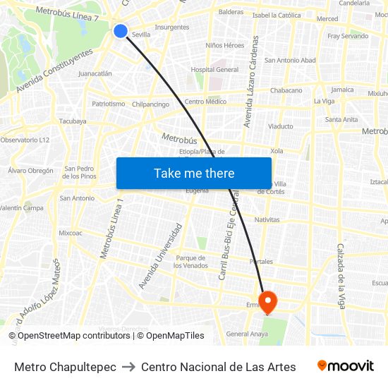 Metro Chapultepec to Centro Nacional de Las Artes map