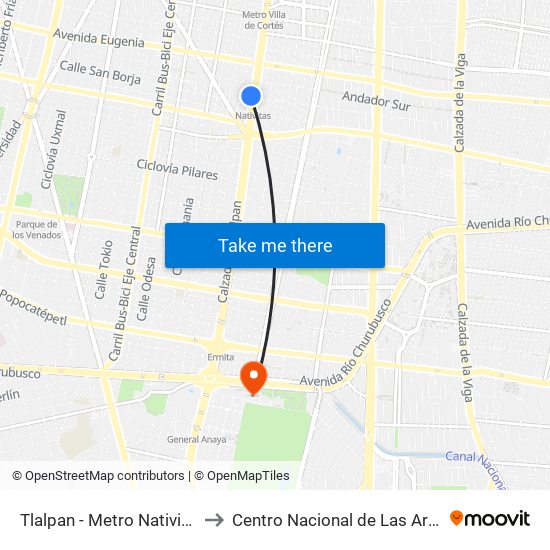 Tlalpan - Metro Nativitas to Centro Nacional de Las Artes map