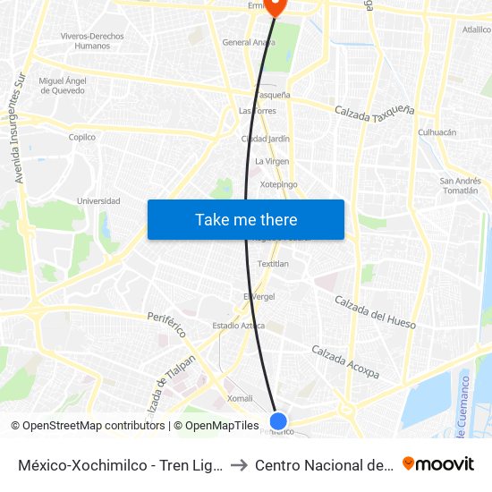 México-Xochimilco - Tren Ligero Periférico to Centro Nacional de Las Artes map