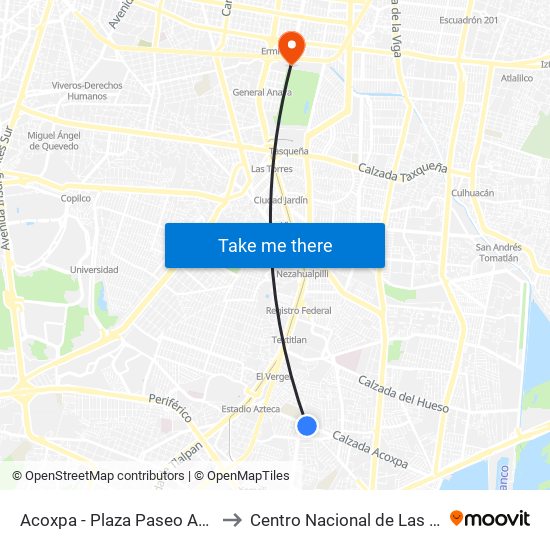 Acoxpa - Plaza Paseo Acoxpa to Centro Nacional de Las Artes map