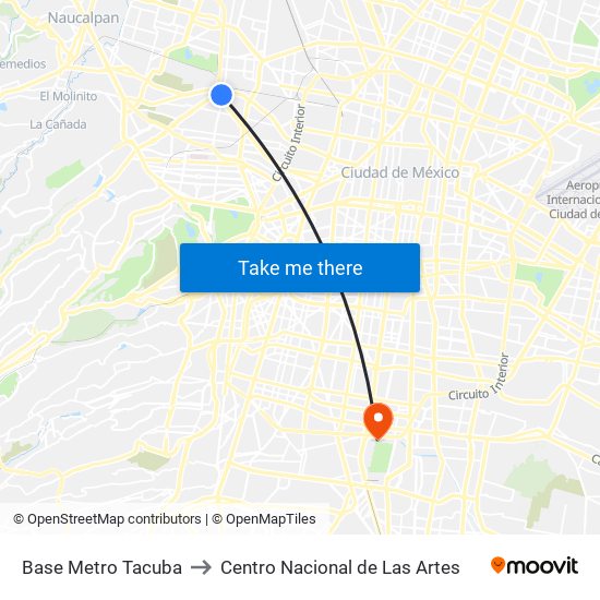 Base Metro Tacuba to Centro Nacional de Las Artes map