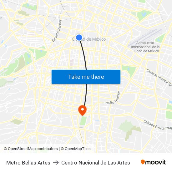 Metro Bellas Artes to Centro Nacional de Las Artes map