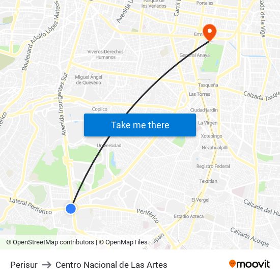 Perisur to Centro Nacional de Las Artes map