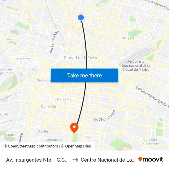 Av. Insurgentes Nte. - C.C. Potrero to Centro Nacional de Las Artes map