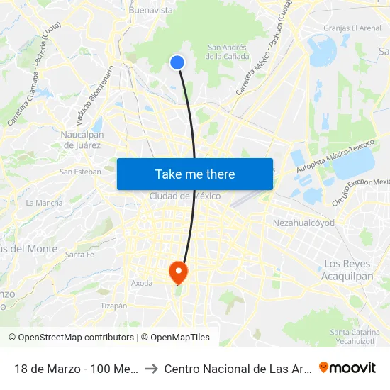 18 de Marzo - 100 Metro to Centro Nacional de Las Artes map