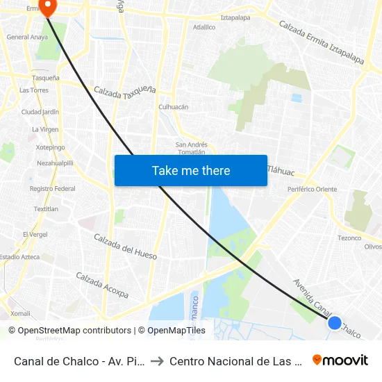 Canal de Chalco - Av. Piraña to Centro Nacional de Las Artes map