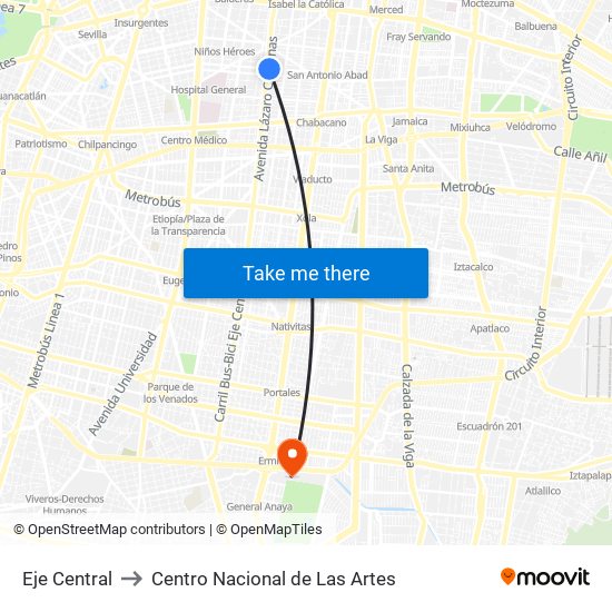 Eje Central to Centro Nacional de Las Artes map