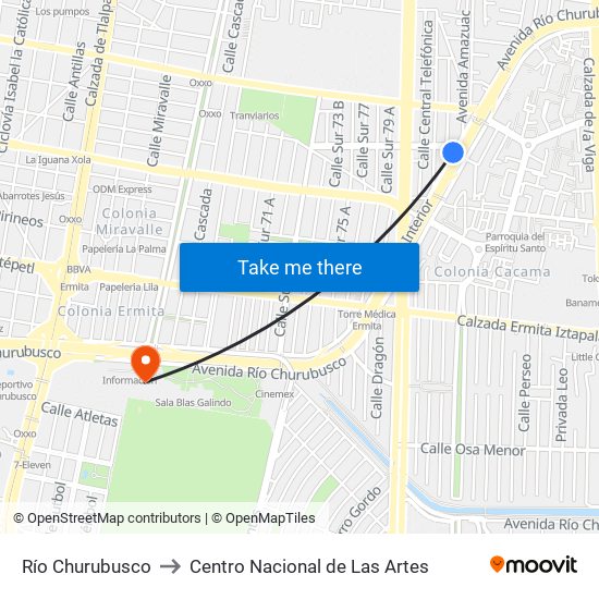 Río Churubusco to Centro Nacional de Las Artes map