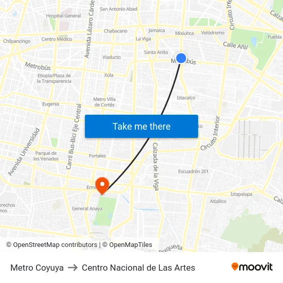 Metro Coyuya to Centro Nacional de Las Artes map