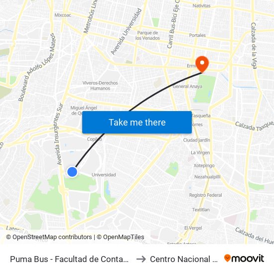 Puma Bus - Facultad de Contaduria Administracion to Centro Nacional de Las Artes map