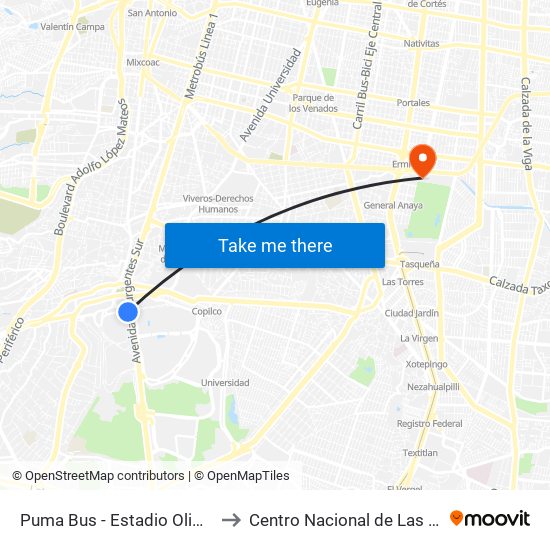 Puma Bus - Estadio Olimpico to Centro Nacional de Las Artes map