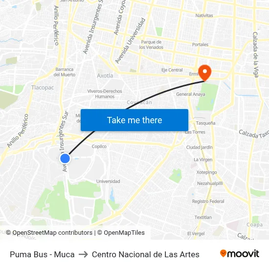 Puma Bus - Muca to Centro Nacional de Las Artes map
