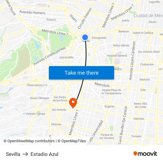Sevilla to Estadio Azul map