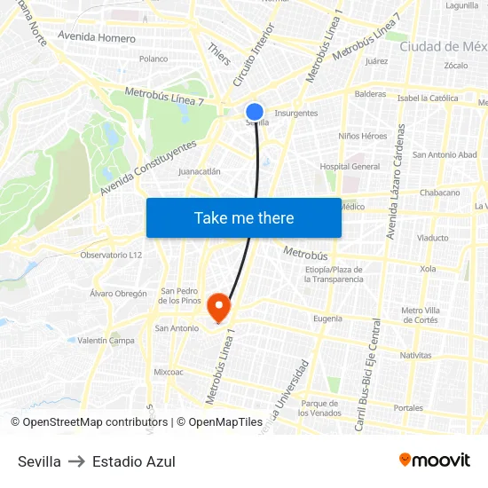 Sevilla to Estadio Azul map