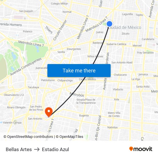 Bellas Artes to Estadio Azul map