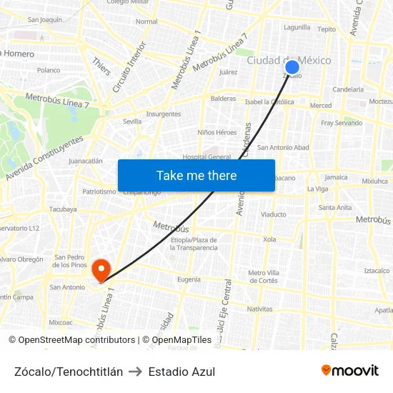 Zócalo/Tenochtitlán to Estadio Azul map