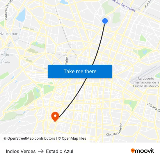 Indios Verdes to Estadio Azul map