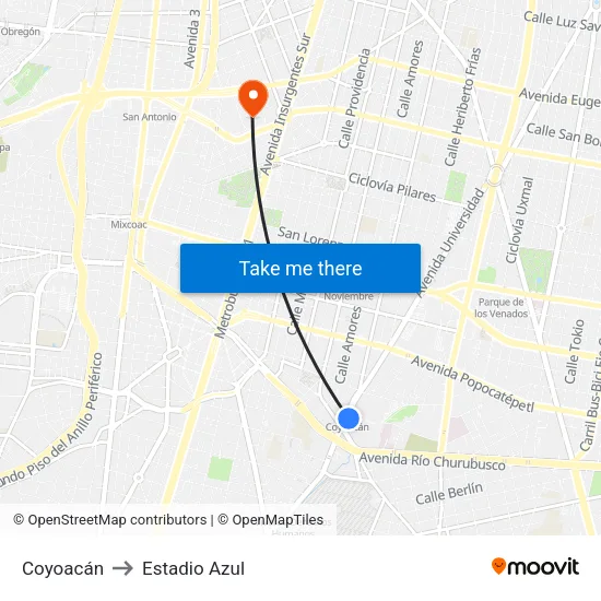 Coyoacán to Estadio Azul map