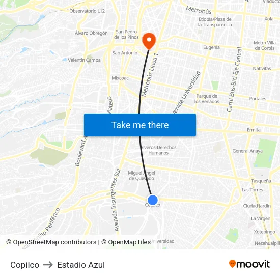 Copilco to Estadio Azul map