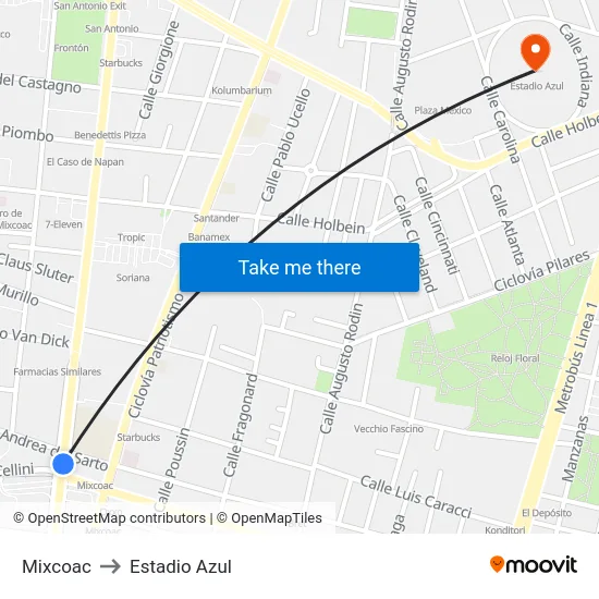 Mixcoac to Estadio Azul map