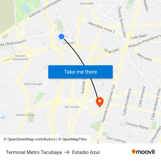Terminal Metro Tacubaya to Estadio Azul map