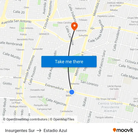 Insurgentes Sur to Estadio Azul map
