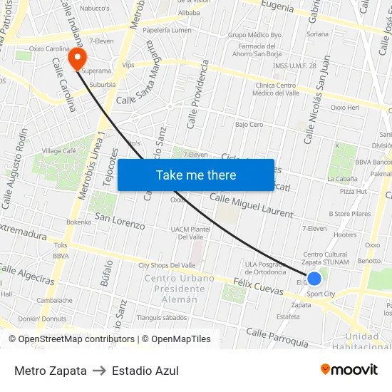 Metro Zapata to Estadio Azul map
