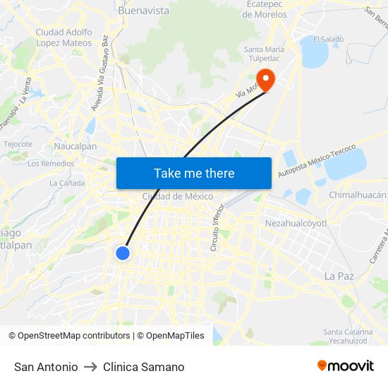 San Antonio to Clinica Samano map