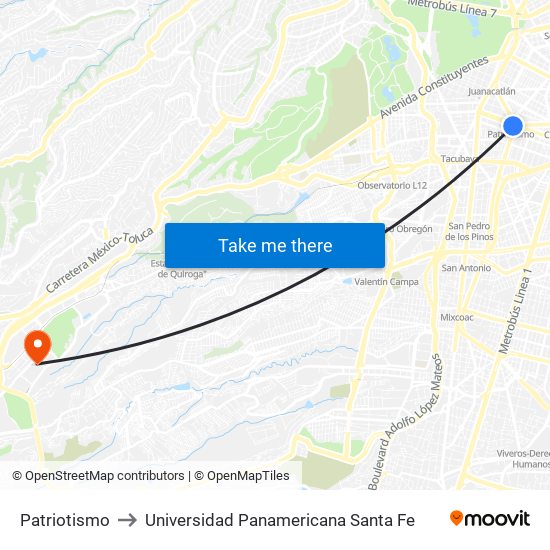 Patriotismo to Universidad Panamericana Santa Fe map