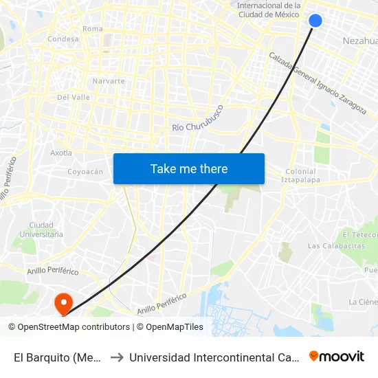 El Barquito (Mexibus) to Universidad Intercontinental Campus Sur map
