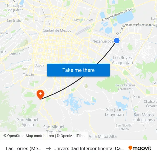 Las Torres (Mexibus) to Universidad Intercontinental Campus Sur map
