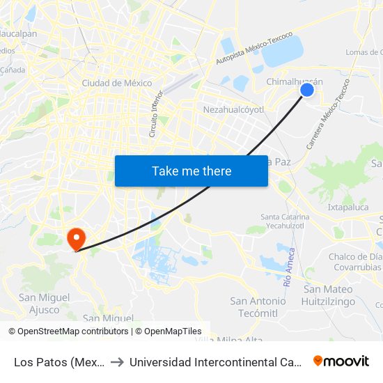 Los Patos (Mexibus) to Universidad Intercontinental Campus Sur map