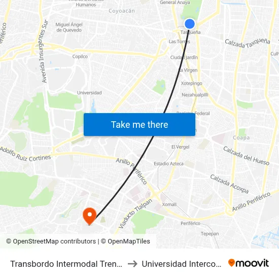 Transbordo Intermodal Tren Ligero Taxqueña-Tb #10007 to Universidad Intercontinental Campus Sur map