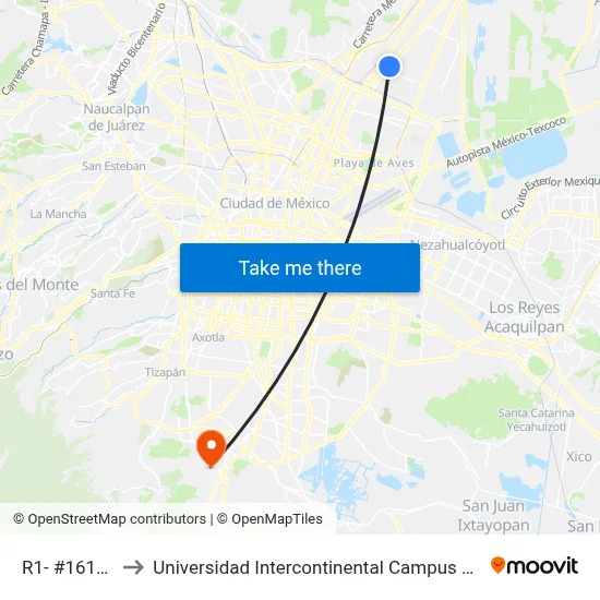 R1- #16126 to Universidad Intercontinental Campus Sur map